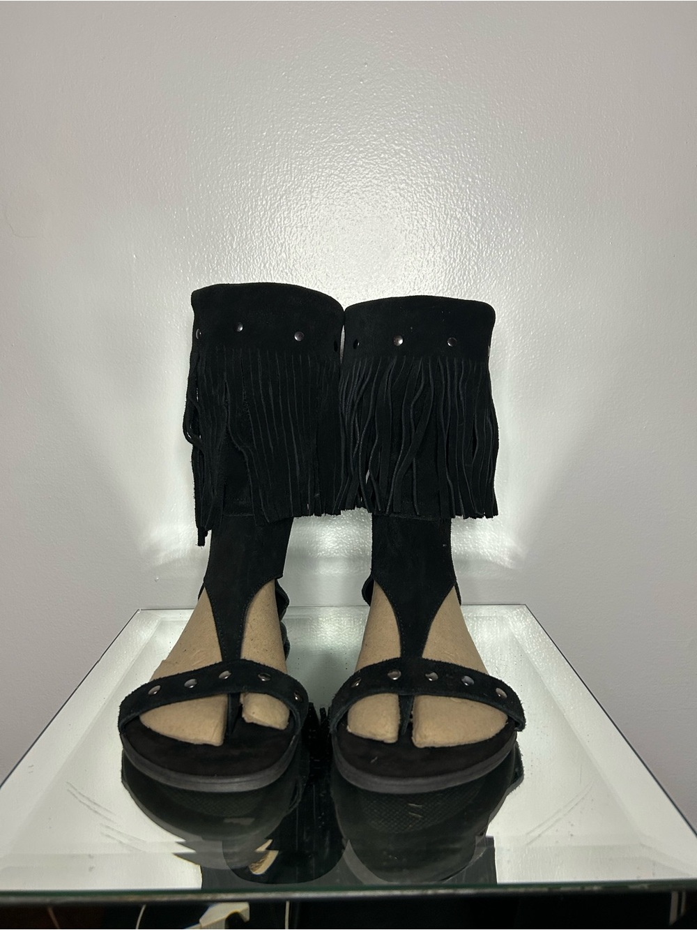 Women's Black Suede Fringe Metal Studded Sandals